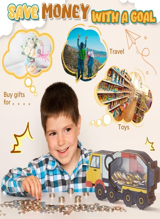 Maxdot Wooden Tank Truck Piggy Bank for Kids Clear Window Transparent Money Bank for Boys Girls Unbreakable Clear Coin Saving Jar Toys Gifts for Boys Birthday New Year Christmas - Image 4